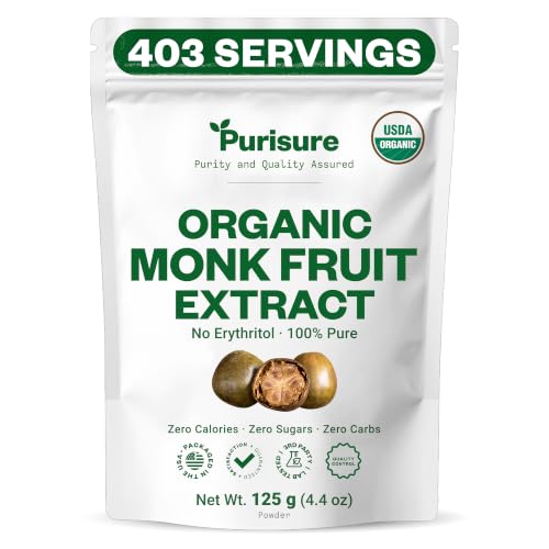 Organic Monk Fruit Extract Powder, 125g (4.4oz), No Fillers Pure USDA Organic Monk Fruit Extract Sweetener with No Aftertaste, Non-GMO, Zero Calorie & Zero Carbs, Keto & Paleo Friendly 403 Servings