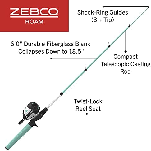 Zebco Roam Telescopic Fishing Rod and Spinning or Spincast Fishing Reel Combo, Durable 6-Foot Fiberglass Rod with ComfortGrip Handle