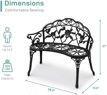VINGLI 38.5" Patio Park Garden Outdoor Metal Rose Bench, 2-Person Cast Iron Cast Aluminium Frame Antique Finish Chair,Accented Lawn Front Porch Path Yard Decor Deck Furniture (Bronze, Rose)