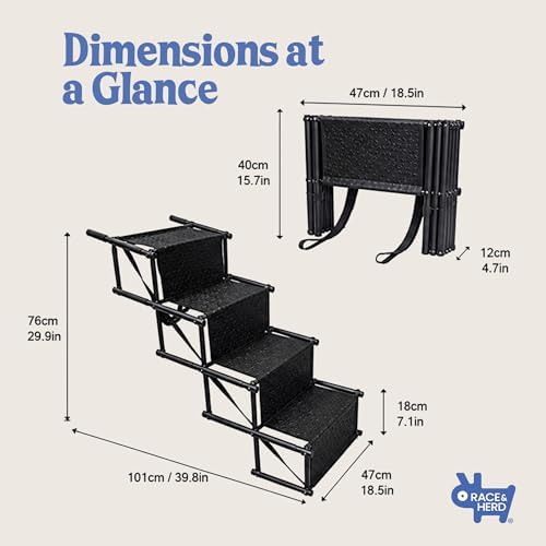 Race&Herd 18.5" Stairs for Dogs to Get in Car — Folding Dog Steps (Onyx) | Dog Stairs for Large Dogs