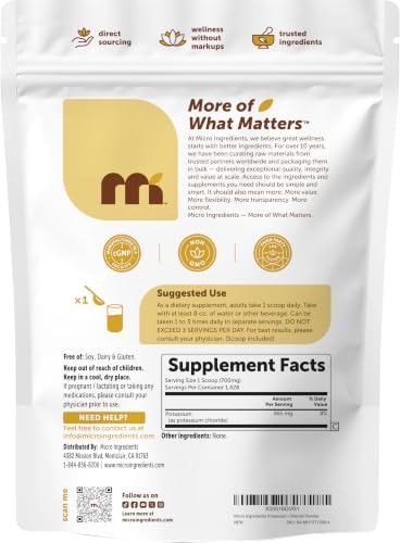 Micro Ingredients Potassium Chloride, 2.2 lb Powder | Salt Substitute | Essential Electrolyte Supplement | Filler Free