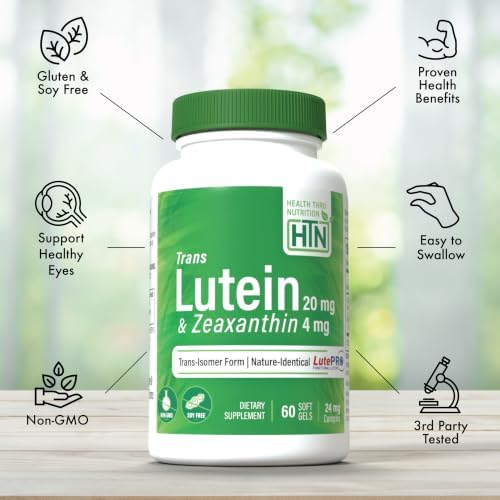 Trans Lutein 20mg Trans Zeaxanthin 4mg, 60 Softgels Health Thru Nutrition | Trans-Isomer Lutein Supplement Marigold Extract in Nature Identical 5:1 Ratio | Supports Healthy Eye, Skin and Brain, Non-GMO