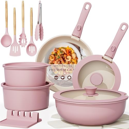 Astercook 21 Pcs Pots and Pans Set Non Stick, Ceramic Cookware Set Detachable Handle, RV Kitchen Cooking Set Removable Handles, Oven Safe, Induction Ready, Stackable, Cream, Fathers Day Gift for Men