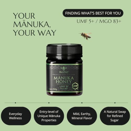 BeeNZ Raw Mānuka Honey, Certified UMF 5+ (MGO 83+), Pure New Zealand Monofloral Mānuka, Natural Sweetener, Superfood for Daily Wellness Support, No Sugar Added, Traceable from Hive to Jar, 17.6 oz/500g