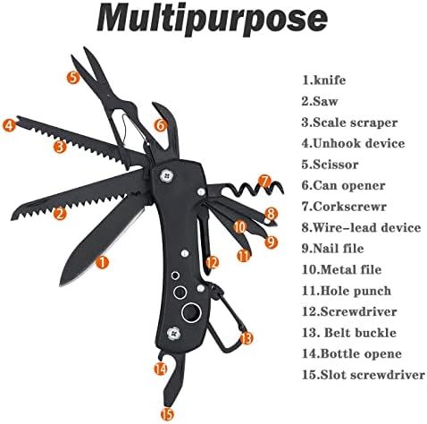 Swiss Small Pocket Knife, 15-in-1 Multitool for Camping, Hiking & EDC | Includes Bottle Opener, Saw