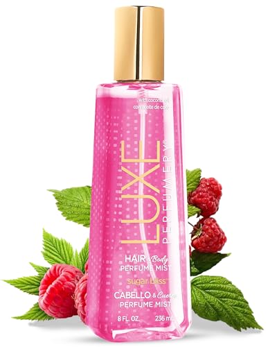 Luxe Perfumery Sugar Bliss Hair & Body Perfume Mist – Sweet Gourmand Fragrance with Raspberry, Chocolate, Vanilla & Musk – Hydrating Coconut Oil & Glycerin, Lightweight Daily Mist for Women, 8 Fl Oz