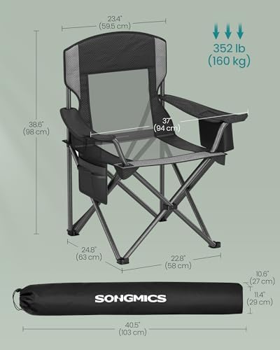 SONGMICS Camping Chair, Folding Oversized Chair, Comfortable and Heavy-Duty, 352 lb Weight Capacity, Adjustable Armrests with Cooler Bag, Storage Bag, Breathable Mesh, Bijou Blue UGCB060Q01