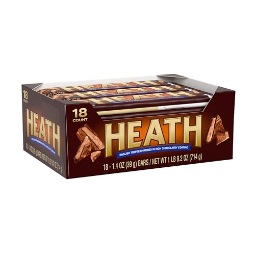 HEATH Chocolatey English Toffee Candy Bars, 1.4 oz, 18 ct | Crunchy English Toffee Bars Covered in Chocolatey Coating, Kosher and Individually Wrapped for Parties and Sharing, 18 ct