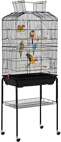 Yaheetech 64'' Open Top Bird Cage for Parakeets & Cockatiels, Black | Detachable Rolling Stand, Easy-clean Slide Tray, Multi-door Access, 3/8" Bar Spacing, Indoor/Outdoor Use