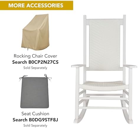 Shine Company Hampton Porch Rocker, High Back Wood Rocking Chair, Rattan Backrest & Seat, White