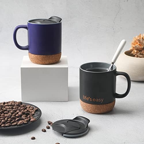 Life's Easy 12 oz Coffee Mug with Insulated Cork Bottom and Push-On Splash-Proof Lid - Black