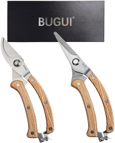 BUGUI Wood Handle Pruning Shears, SK-5 Steel Blade, 1-inch Cutting Capacity, Sharp, Well Designed Garden Shears, 8"