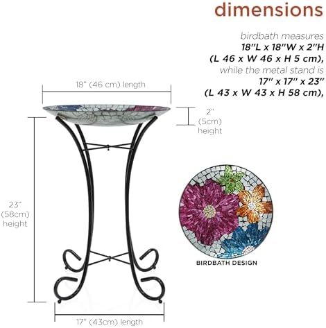 Alpine Corporation 24" Tall Outdoor Floral Mosaic Glass Birdbath with Metal Stand and Detachable 18 Inch Diameter Bowl, Garden Decor
