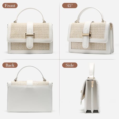 Straw Crossbody Bag, Vegan Leather Patchwork Summer Purse with Top Handle, Small Woven Bag for Beach & Wedding