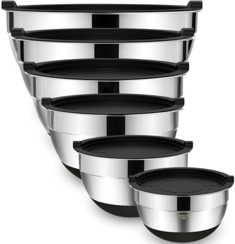 Umite Chef Mixing Bowls with Airtight Lids, 6 Piece Stainless Steel Metal Bowls, Measurement Marks & Colorful Non-Slip Bottoms Size 7, 3.5, 2.5, 2.0,1.5, 1QT, Great for Mixing & Serving