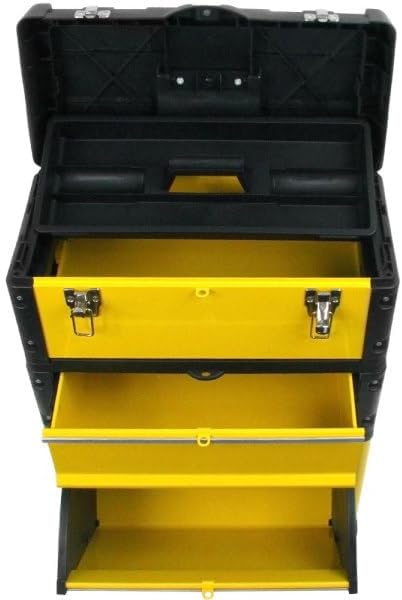 Portable Tool Box on Wheels - Stackable 3-in-1 Chest for Workshops and Craft Rooms - Foldable Comfort Handle and Latches by Stalwart (Black/Yellow)