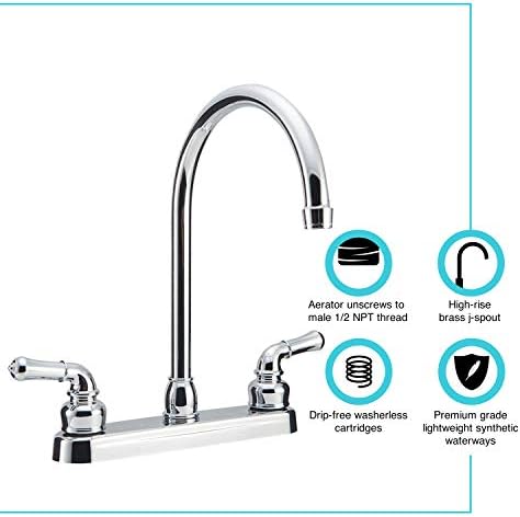 Dura Faucet DF-PK330HC-SN RV J-Spout Kitchen Sink Faucet (Satin Nickel) | Tall spout clears big pots; dual levers fine-tune water flow. Brushed Satin Nickel.