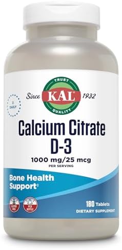 KAL Calcium Citrate Supplement with Vitamin D3 - 1000 IU Vitamin D3, Healthy Bone & Muscle Function Support for Men and Women, Quick Dissolving Tablets - 180 Count Tablets