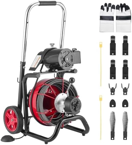 VEVOR Drain Cleaner Machine 75 FT x 3/8 Inch, Sewer Snake Auger Manual Feed with 4 Cutters & Air-activated Foot Switch for 2" to 4" Pipes