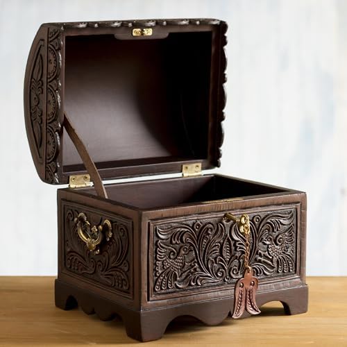 NOVICA Artisan Handmade Cedar and Leather Decorative Box | Floral Bird Motif | Brown Wood Accessories | 'Andean Flight' | 7" H x 8.75" W x 7" D
