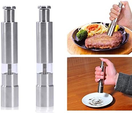 Salt and Pepper Grinder Set of 2, Stainless Steel Push Button Grinder Modern Design Thumb Grinder, for Black Pepper, Sea Salt and Himalayan Salt