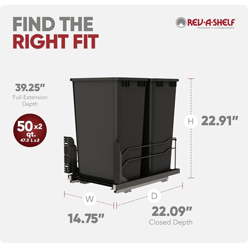 Rev-A-Shelf Double Pullout Trash Can w/Soft-Close Slides, 14.5" Min Opening | Large Capacity Garbage/ Recycling Bins for Full Height Kitchen Cabinets, Heavy Gauge Wire Construction, 53WC-2150SCDM-217