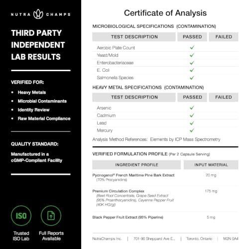 NutraChamps Pycnogenol French Maritime Pine Bark Extract, Premium Circulation Complex, Blood Flow, Nitric Oxide Production, Superior Absorption
