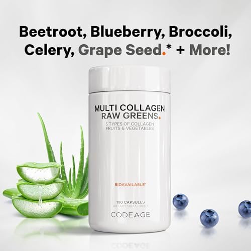Codeage Multi Collagen Protein + Organic Raw Greens Superfood Capsules Supplement, 21 Fruits & Veggies, Grass-Fed Hydrolyzed Collagen Peptides