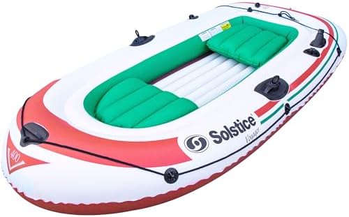 Solstice Voyager 4-Person Inflatable Fishing Boat with Dual Swivel Oar Locks and Rod -Holder, Motor Compatible 9' x 5'