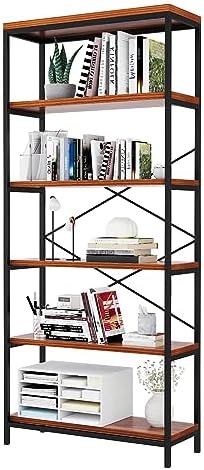 BATHWA Wood and Metal Minimalist 5 Tier Bookshelf, 6 feet Tall Open Rustic Wide Bookcase Industrial Style