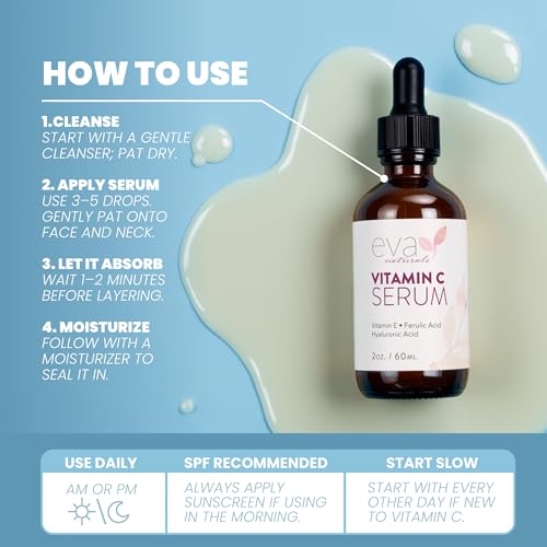 Eva Naturals Vitamin C Serum 20%, Hyaluronic & Ferulic Acid, 1 oz | Vitamin E, dark spots, acne, anti-aging, glow, even skin tone