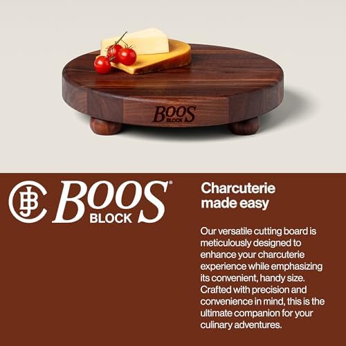 John Boos B Series Round Wooden Maple Cutting Board 12”x12” – 1.5” Thick, 12-lb Non-Reversible Butcher Block with Wood Bun Feet & Edge-Grain