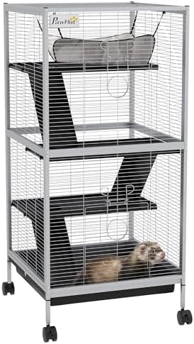 PawHut Metal Small Animal Cage, 4-Tiers Rolling Big Ferret Cage, Gray