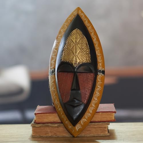 NOVICA Black and Red Sese Wood African Wall Mask with Brass Accents, 'A Peace Blessing'