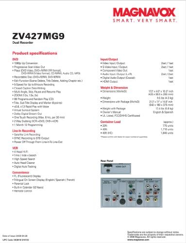 Magnavox ZV427MG9 DVD Recorder/VCR Combo, HDMI 1080p Up-Conversion, No Tuner