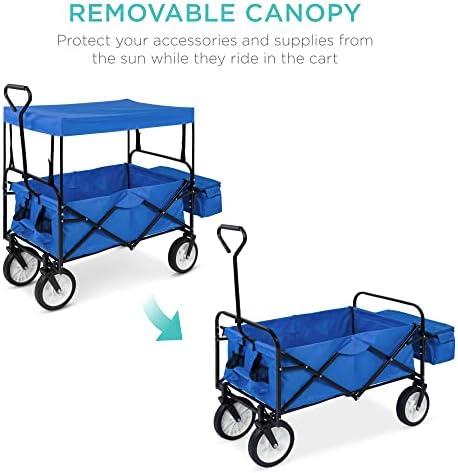Best Choice Products Collapsible Folding Outdoor Utility Wagon with Canopy Garden Cart for Beach, Picnic, Camping, Tailgates w/Removable Canopy, Detachable Pockets, 150lb Weight Capacity - Red