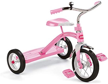Radio Flyer Classic Pink Tricycle, for Ages 2-4, 10" Front Wheel, Bell | Steel Frame, Adjustable Seat, Rubber Tires, Chrome Details, Rear Step, Controlled Turning Radius, Tricycle for Toddlers