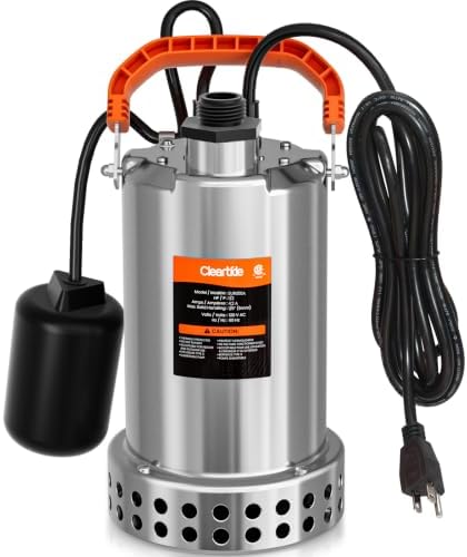 Stainless Steel Submersible Utility Water Pump, 3/4 HP 3780 GPH, Thermoplastic Portable Plug & Work, Ideal for Pool, Flooded Basement, Hot Tub, Pond & Garden Draining, 10 FT Cord
