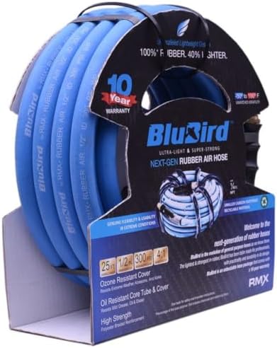 BLUBIRD BB1250 1/2" x 50' Rubber Air Hose, 100% Rubber, Lightest, Strongest, Most Flexible, 300 PSI, 50F to 190F Degrees, Ozone Resistant, High Strength Polyester Braided