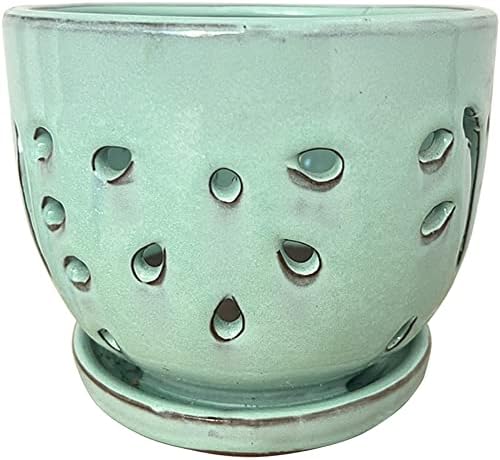 Orchid Pots with Holes Round Ceramic Flower Container Succulent Plant Planter Butterfly Pot Saucer Windowsill Contemporary Home Decoration (6 Inch