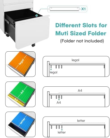 Dripex 3 Drawer Metal Rolling File Cabinet Under Desk Filing Cabinet White | 16"W x 18"D x 24"H, Lockable, 5 Wheels, Fully Assembled