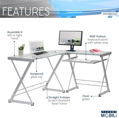 Scranton & Co Modern L-Shape Computer Desk, Glass and Steel, Clear Finish, 29.5" H x 61.75" W x 45.25" D, Reversible Design, Pull-Out Keyboard Tray