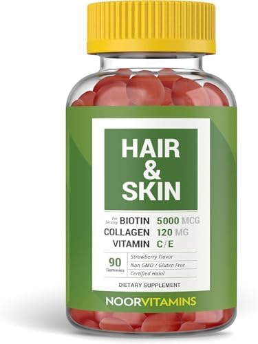 Noor Vitamins Halal Hair Vitamins Biotin, Collagen, Silica, Vitamin C & E Supports Hair, Skin & Nail Health, Natural Strawberry Gummy Vitamins. GMO
