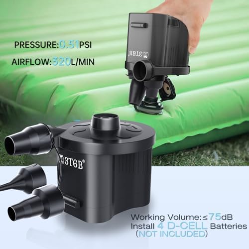 Electric Air Pump for Inflatables, Battery Powered Wireless Air Pump for Mattress with 3 Nozzles