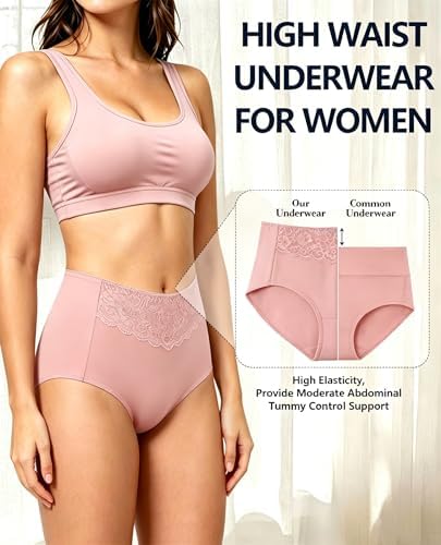MISSWHO Women's High Waisted Cotton Underwear Soft Breathable Full Coverage Stretch Briefs Ladies Panties 5-Pack
