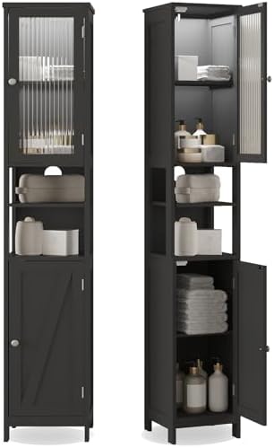 ChooChoo Narrow Bathroom Storage Cabinet with Light， Space Saving | Space Saving,Tall Bathroom Storage Cabinet, 5-Tier, 2 Doors, Slim, Freestanding, Adjustable Shelves, Black