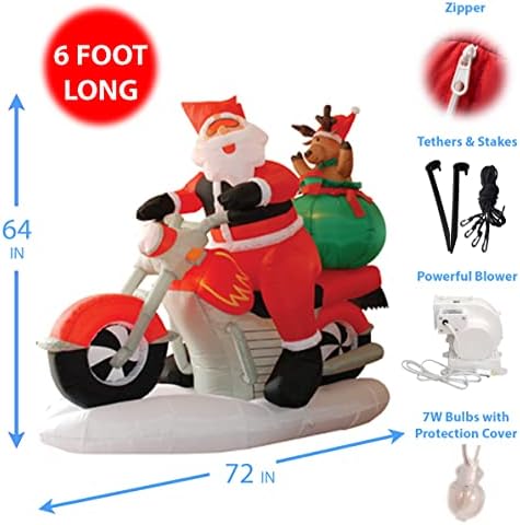 6 FT Outdoor Christmas Inflatable Santa Claus & Reindeer on Motorcycle | Durable, Heavy-Duty Weather-Resistant, Built-in Lights, External Blower