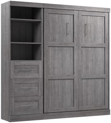 Bestar Pur Full Murphy Bed and Storage Unit with Drawers, 84-inch Space-Saving Wall Bed with Storage in Bark Grey | Storage Unit with Drawers