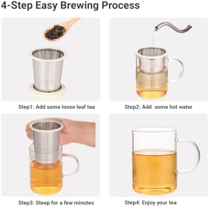 emoi 15 oz Glass Tea Cup with Infuser & Lid, Ideal for Loose Leaf Tea, Gray | Tea Mug with Extra Fine Mesh 304 Stainless Steel Steeper & Silicone Lid