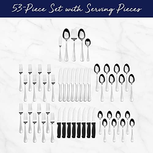 Pfaltzgraff Frost 53-Piece Flatware Set, 18/0 Stainless Steel Silverware Set for 8 with Steak Knives, Serving Pieces, Dishwasher Safe